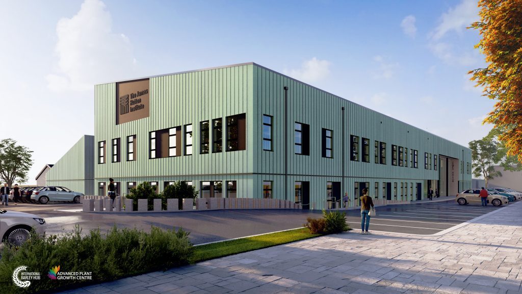 Artistic impression of the James Hutton Institute, green coloured building with large windows.